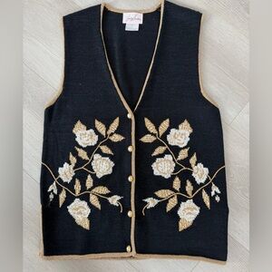 VINTAGE JACKYN SMITH FLORAL KNIT SWEATER VEST WITH EMBROIDERY AND BEADED ACCENTS